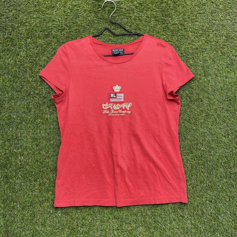 Vintage Polo Jeans Baby Tee Womens XL Shirt 2000s Red USA Flag Embroidered y2k